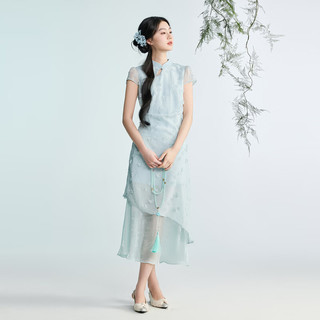 三彩 新中式假两件立体花朵连衣裙