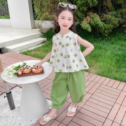靓贝城堡 女童夏季套装2026新款儿童夏装洋气时髦防蚊女宝宝薄款无袖两件套 无袖圆点套装 120