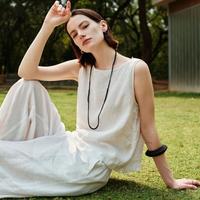 初棉 全亚麻圆领无袖小开叉衬衫女薄款直筒背心小衫
