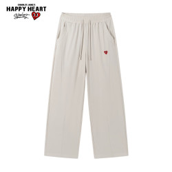 CHARLES JANG'S HAPPY HEART 夏情侣冰丝阔腿直筒梭织长裤抽绳腰头休闲男女百搭 浅灰    L