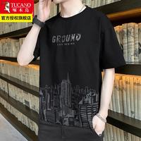啄木鸟 冰丝短袖t恤男夏季薄款潮流宽松休闲男士圆领半袖上衣服男装夏装 3778黑色 2XL
