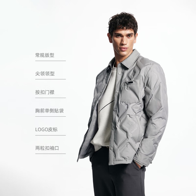 杰克琼斯 90%羽绒排骨羽绒服男按扣门襟长袖直筒尖领舒适上衣225423016