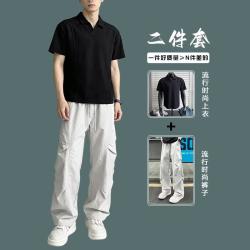 啄木鸟 夏季套装男士重磅曼巴棉polo短袖男帅气一套T恤搭配工装裤两件套 W169黑色+DS47浅灰色 XL 码