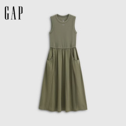 Gap 女装 logo刺绣修身拼接无袖连衣裙 绿色 M