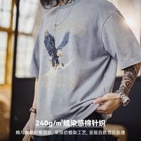 马登 真五折!工装美式复古印花做旧仿蜡染圆领蓝色落肩针织短袖T恤男士夏 蓝色 -oversize L