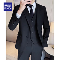 罗蒙 西服套装男士商务休闲职业正装新郎结婚礼服修身伴郎外套小西装男 黑色 2XL