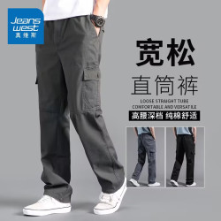 真维斯 纯棉休闲裤男夏季薄款大码宽松直筒工装裤新款户外多口袋长裤子