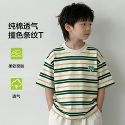 小猪班纳 2026新款夏季条纹宽松短袖T恤纯棉时尚帅气上衣