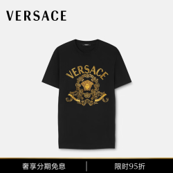 VERSACE 男士刺绣棉质平纹针织修身T恤 1B000-黑色 S