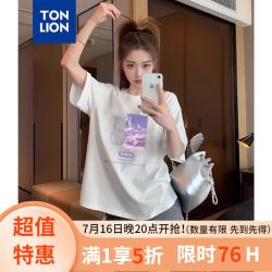 唐狮 2025夏女圆领前胸色块图案短袖T恤 L  漂白