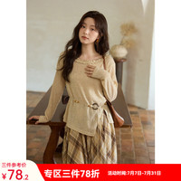 谜秀 杏色苎麻针织衫送腰带2026年秋新品上衣女木耳边领侧开叉落肩罩衫 杏色 上衣 M