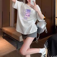 唐狮 2025夏女圆领前胸色块图案短袖T恤
