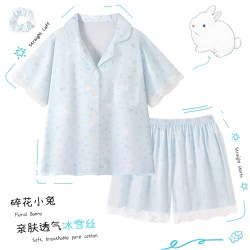 另约 蓝色碎花冰丝睡衣女夏季2026新款短袖短裤套装花边薄款开衫家居服 浅蓝小兔  2XL