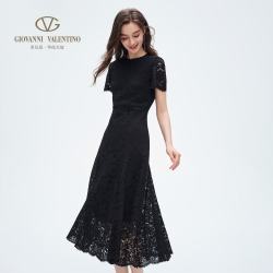 GIOVANNI VALENTINO 夏季新品短袖连衣裙收腰圆领蕾丝气质A字裙 黑色 L