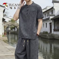 啄木鸟 男士运动套装2026新款冰丝短袖T恤新中式唐装男款高端格子上衣夏 黑色 XL 140-160斤