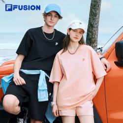 FILA FUSION斐乐潮牌女装情侣款针织短袖衫春夏新款凉感防晒宽松T恤 正黑色-BK S （165/88A/S）