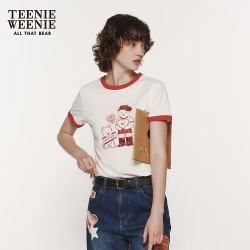 TEENIE WEENIE 小熊短袖T恤女夏季活力撞色印花圆领T恤上衣女 象牙白