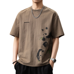 罗蒙 亚麻印花 宽松大码 驼色 M 男士T恤
