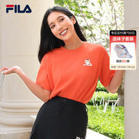 FILA 易烊千玺同款多彩T恤情侣短袖2026夏季新款卡通猫咪刺绣T恤 古绣橙-OR M 170/92A/M