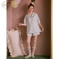 GUKOO/果壳 冰丝翻领蕾丝花边 苹果绿 S 女士家居服套装