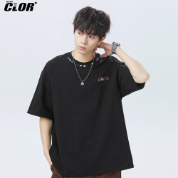 CLOR 美式纯棉复古T恤男夏季潮牌刺绣宽松休闲短袖上衣DXC13黑色M