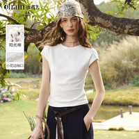 OLRAIN 女士简约小花边连袖设计圆领T恤