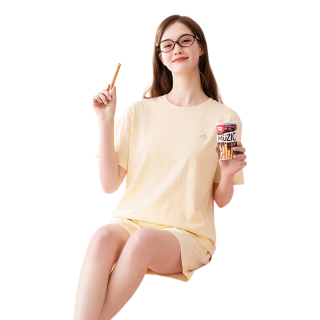 芬腾 100%纯棉 7A抑菌 圆领短袖短裤 奶黄 M 睡衣家居服套装