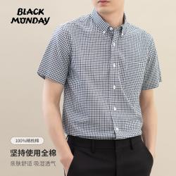BLACKMONDAY 纯棉格子衬衫男短袖薄款全棉抗皱免烫男士正装商务休闲衬衣
