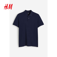 H&M 男装Polo衫珠地棉商务通勤休闲翻领纽扣半开襟短袖上衣1209183 海军蓝 L 175/108 建议拍小一码