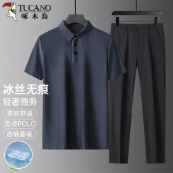啄木鸟 短袖t恤套装男冰丝无痕中老年舒适翻领polo衫长裤俩件装 灰蓝2XL