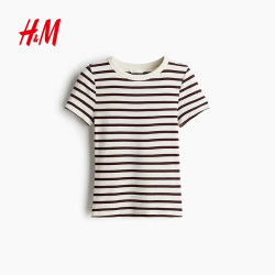 H&M 女装T恤夏季基础款通勤穿搭酒红色简约内搭罗纹打底衫1270491 奶油色/酒红色条纹 S 160/88