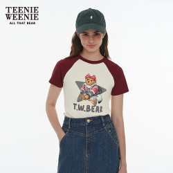 TEENIE WEENIE 小熊女装短袖T恤夏季撞色插肩袖小个子上衣 象牙白