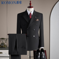 罗蒙 西服+马甲+西裤西服套装男商务双排扣休闲西装礼服男黑2XL
