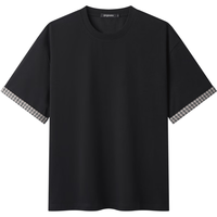 gxgjeans 格纹袖口拼接 黑色 XL 美式宽松圆领短袖T恤
