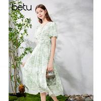 百图 2405T78 新中式V领印花 绿色 M 连衣裙