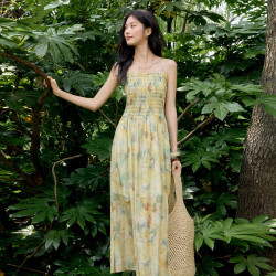 伊芙丽 可调节肩带开叉打揽显瘦连衣裙 月色黄 M