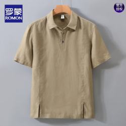 罗蒙 高端纯亚麻短袖T恤男夏季薄款休闲翻领套头衫宽松半袖全麻料上衣 绿咖 M
