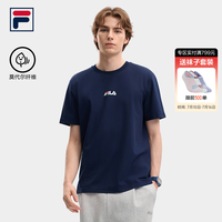 FILA 官方男子针织短袖衫2026秋新款网球运动上衣简约宽松T恤 藏烟蓝-DB L 175/96A/L