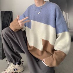 嘉晔 JIAYE拼色毛衣男秋冬季日系圆领套头潮流休闲打底针织衫外套毛线衣 黑色 XL