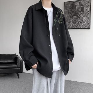 嘉晔 JIAYE）新中式刺绣衬衫男2026夏秋季黑色衬衣中国风痞帅潮流外套上衣 黑色 XL