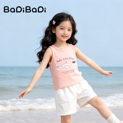 BADiBADi 儿童纯棉背心夏季男童女童宽松休闲撞色无袖T恤打底上衣 粉色 三只小兔 140