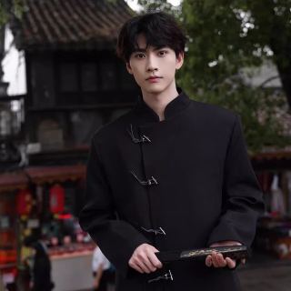 嘉晔 JIAYE新中式西装外套男小众设计感中国风西服高级感立领上衣垫肩中山装 黑色 XL