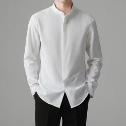 嘉晔 JIAYE新中式立领长袖衬衫男士2026春秋新款小众衬衣感冰丝垂感衬衣 白色 M
