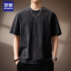 罗蒙 高端树皮肌理感短袖T恤男宽松夏季大码圆领休闲体恤 黑色    XL