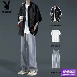 PLAYBOY 短袖T恤男青少年套装冰丝衬衫2026夏季新款三件套休闲宽松港风