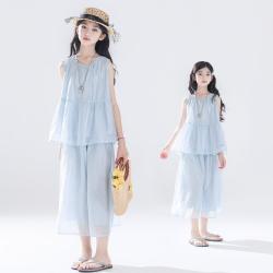URBANSHOW 女童套装夏季新薄款无袖娃娃衫九分阔腿裤两件套装