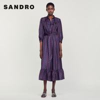 Sandro D292 法式复古荷叶边印花长款连衣裙 S