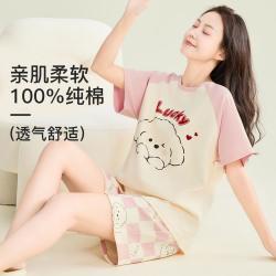 芬腾 圆领薄款短袖短裤家居服女夏格纹小狗睡衣女士套装