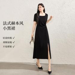 蓝语 大码女装赫本风方领显瘦收腰开叉连衣裙