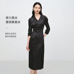 EP YAYING EP雅莹女装 重磅桑蚕丝暗提花七分袖V领收腰连衣裙